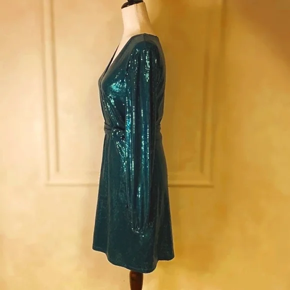 RESERVED Cara Santana x Nine West Womens Long Sleeve Sequin Faux-Wrap Emerald - Picture 6 of 7
